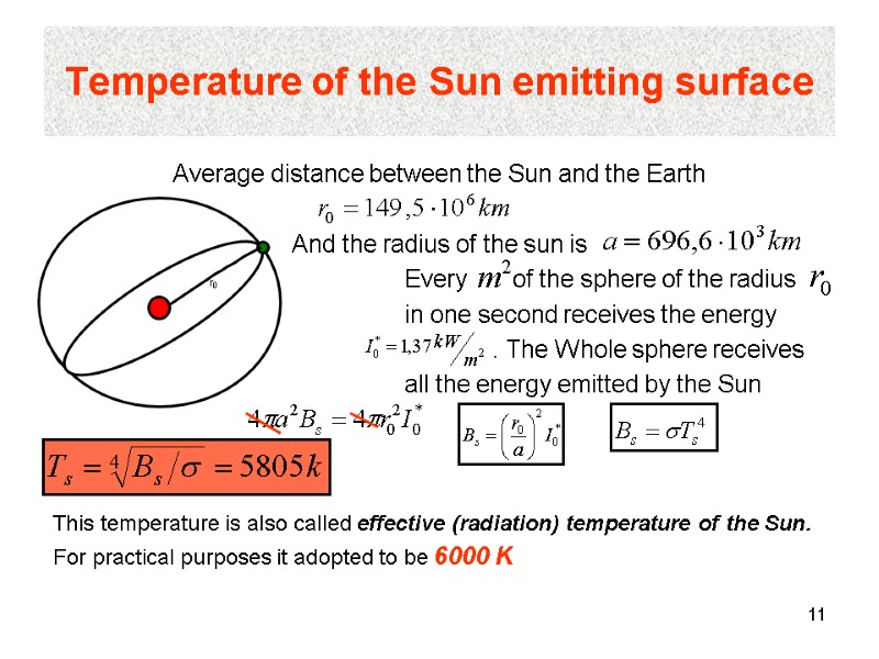 11 Temperature of the Sun emitting surface Average distance between the Sun and the
